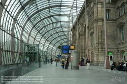 Viennaslide-05241307 Strasbourg-Ville is the main railway station in the city of Strasbourg, Bas-Rhin, France. It is the eastern terminus of the Paris-Est–Strasbourg-Ville railway. The current core building is an example of historicist architecture of the Wilhelminian period.
Prior to the opening of the high speed train line LGV Est, the station was refurbished by architect Jean-Marie Duthilleul (born 1952) in 2006–2007 and its size and capacity largely increased by the addition of a huge glass roof entirely covering the historical façade.