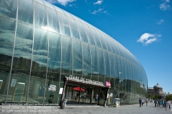 Viennaslide-05241310 Strasbourg-Ville is the main railway station in the city of Strasbourg, Bas-Rhin, France. It is the eastern terminus of the Paris-Est–Strasbourg-Ville railway. The current core building is an example of historicist architecture of the Wilhelminian period.
Prior to the opening of the high speed train line LGV Est, the station was refurbished by architect Jean-Marie Duthilleul (born 1952) in 2006–2007 and its size and capacity largely increased by the addition of a huge glass roof entirely covering the historical façade.