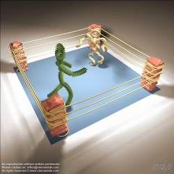 Viennaslide-72450103 Nudelboxkampf, Illustration von Gregor Hartmann - Fighting Pasta, CGI Illustration